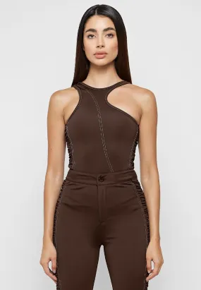 Asymmetric Ruched Side Bodysuit - Chocolate Brown