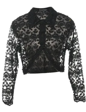 Beaded Black Sheer Floral Evening Jacket - M Beaded Black Sheer Floral Evening Jacket - M