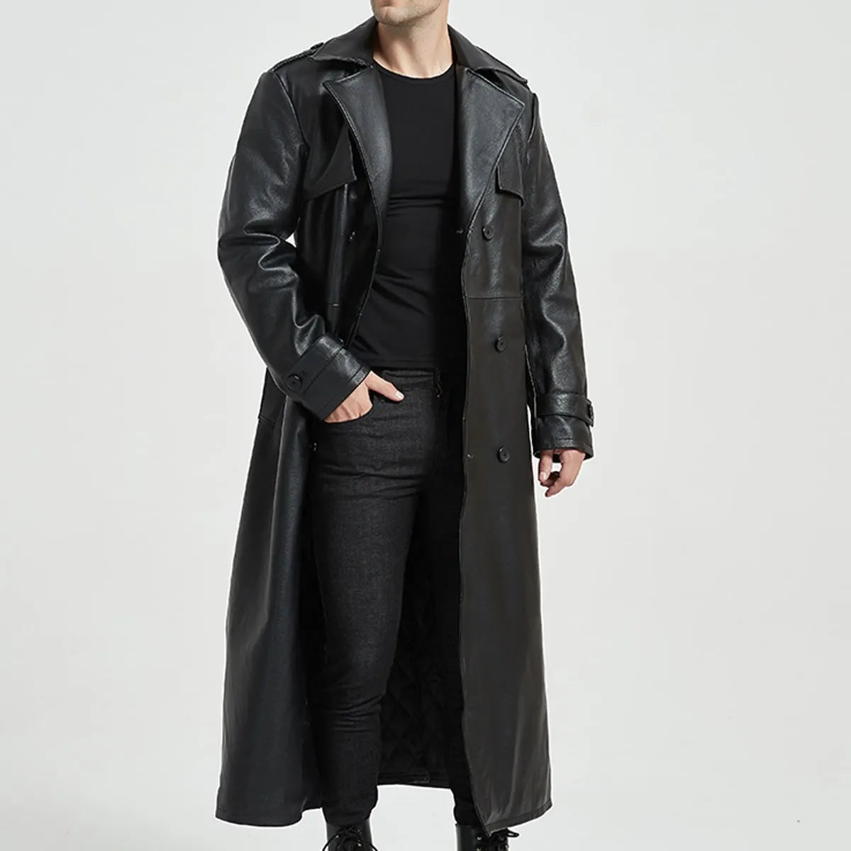 Black Genuine Sheepskin Leather Trench Coat