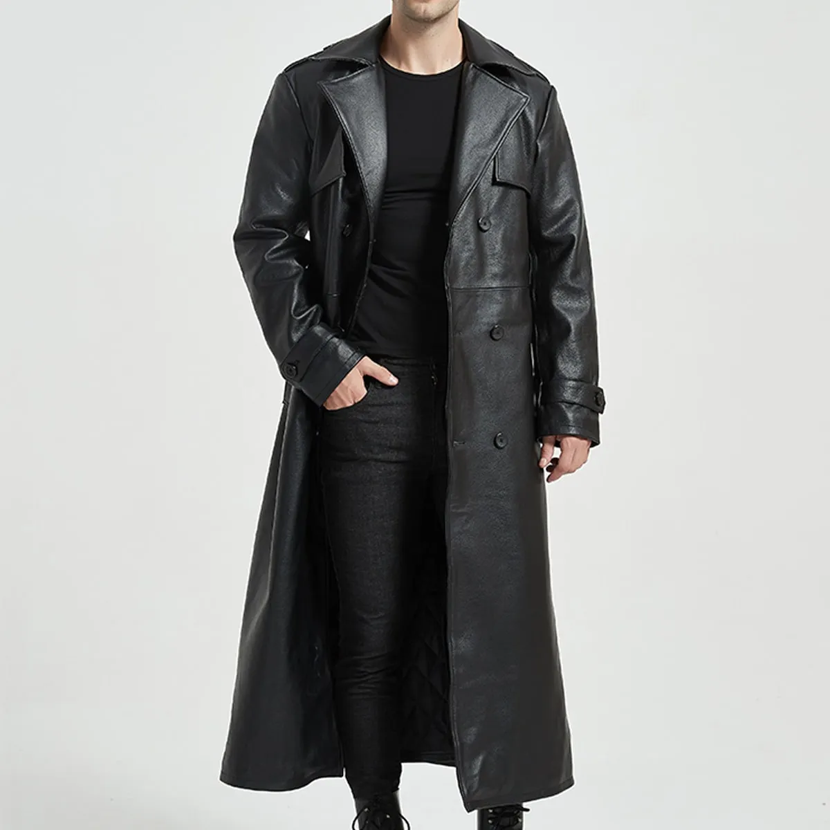 Black Genuine Sheepskin Leather Trench Coat