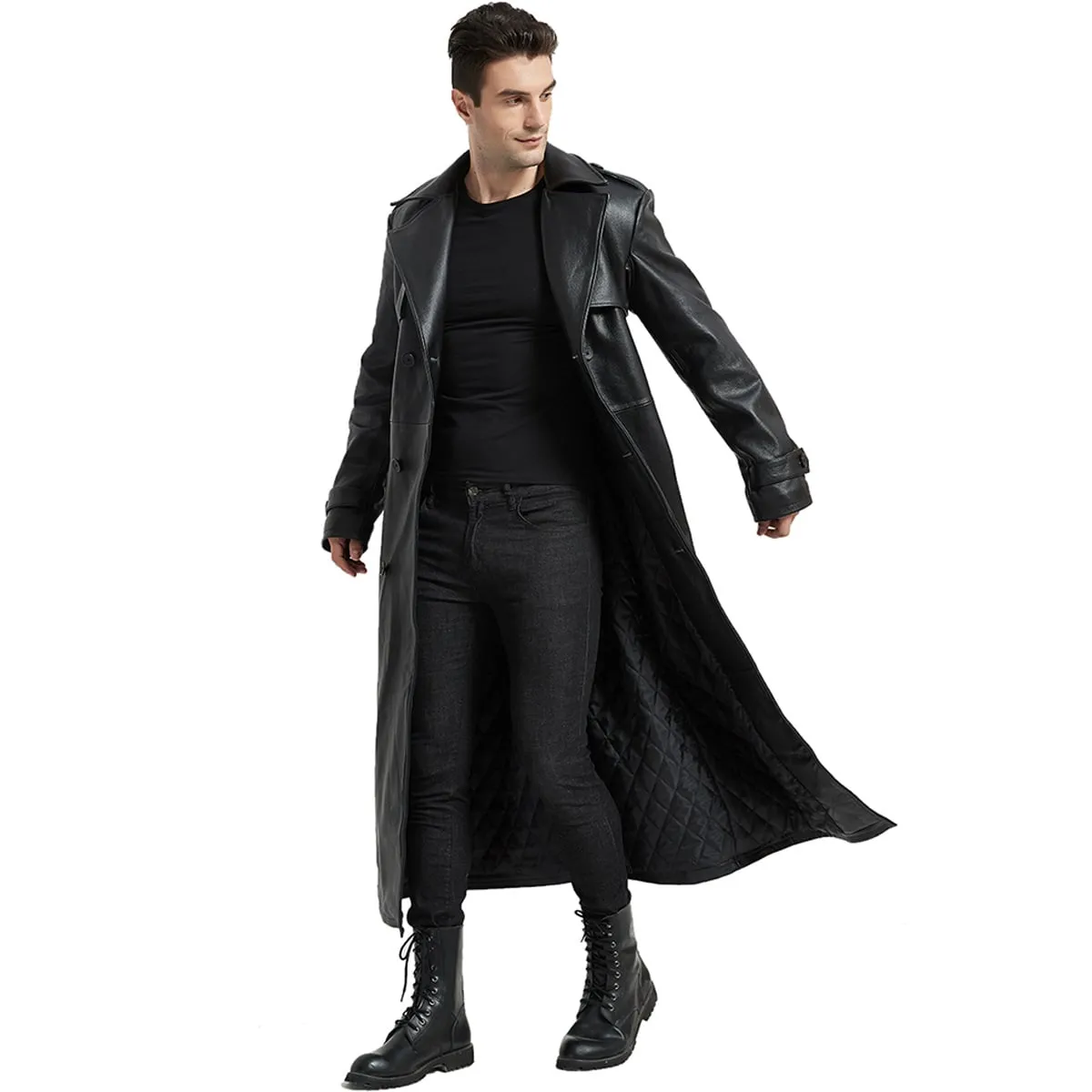 Black Genuine Sheepskin Leather Trench Coat