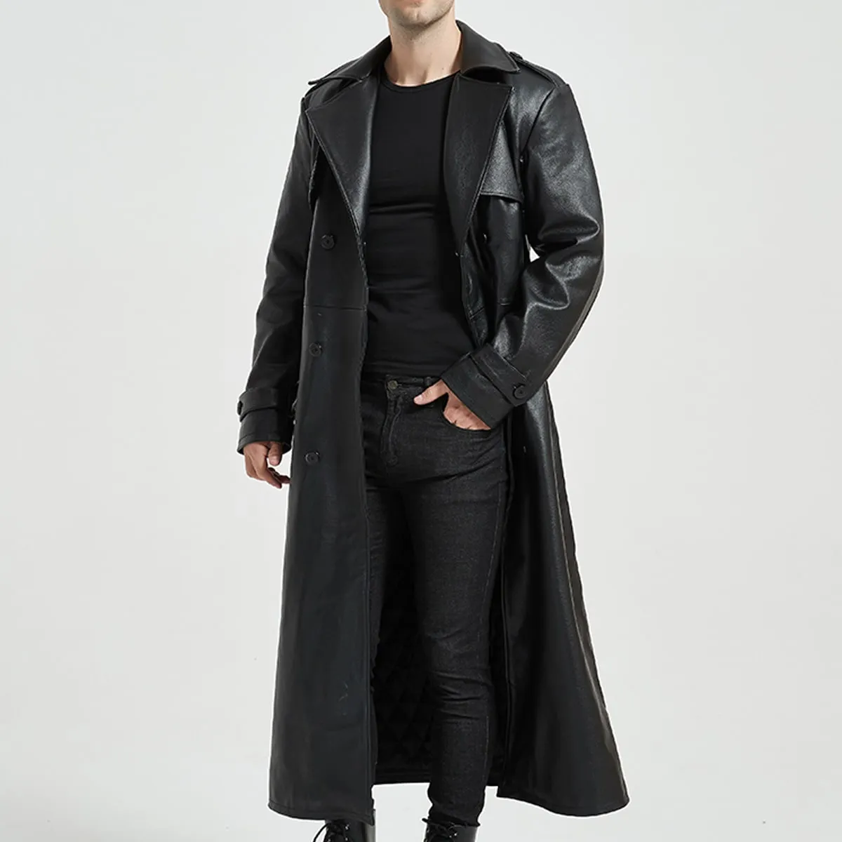 Black Genuine Sheepskin Leather Trench Coat