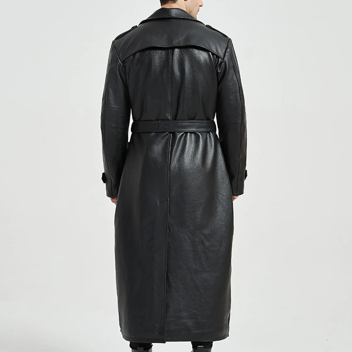 Black Genuine Sheepskin Leather Trench Coat