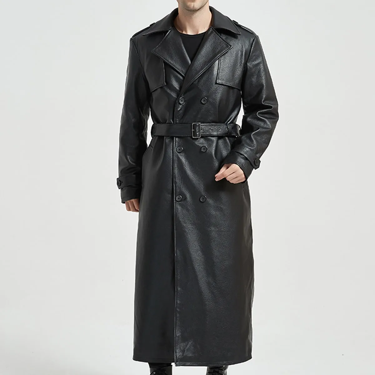 Black Genuine Sheepskin Leather Trench Coat