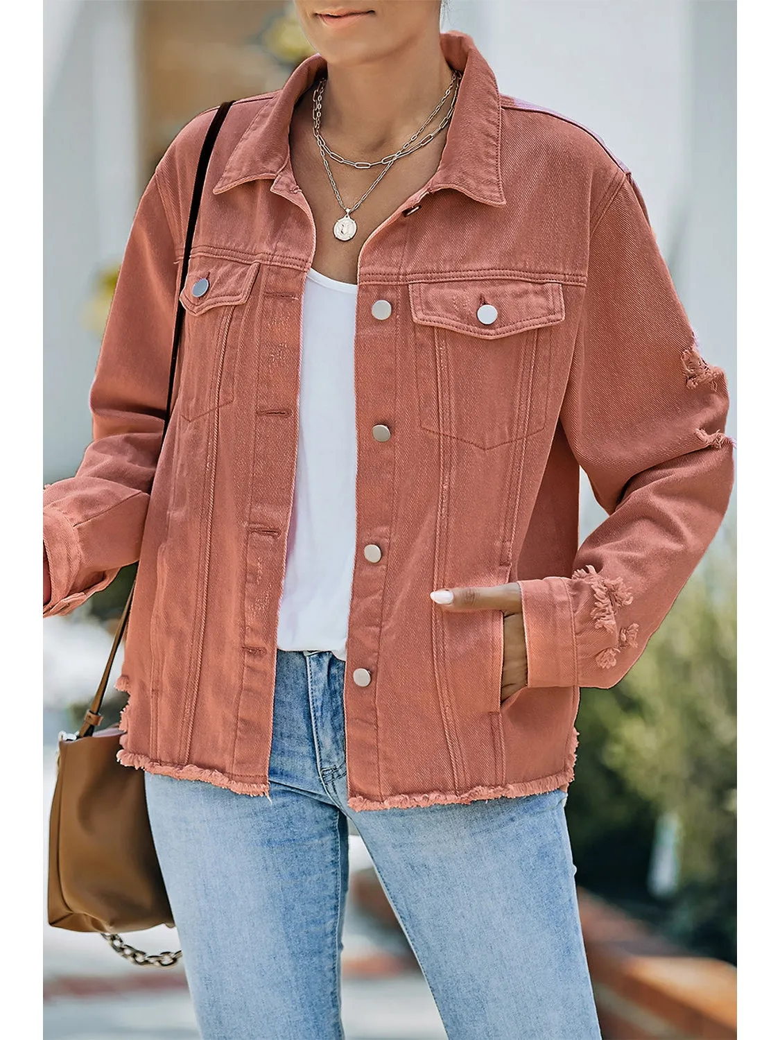Distressed Raw Hem Denim Jacket