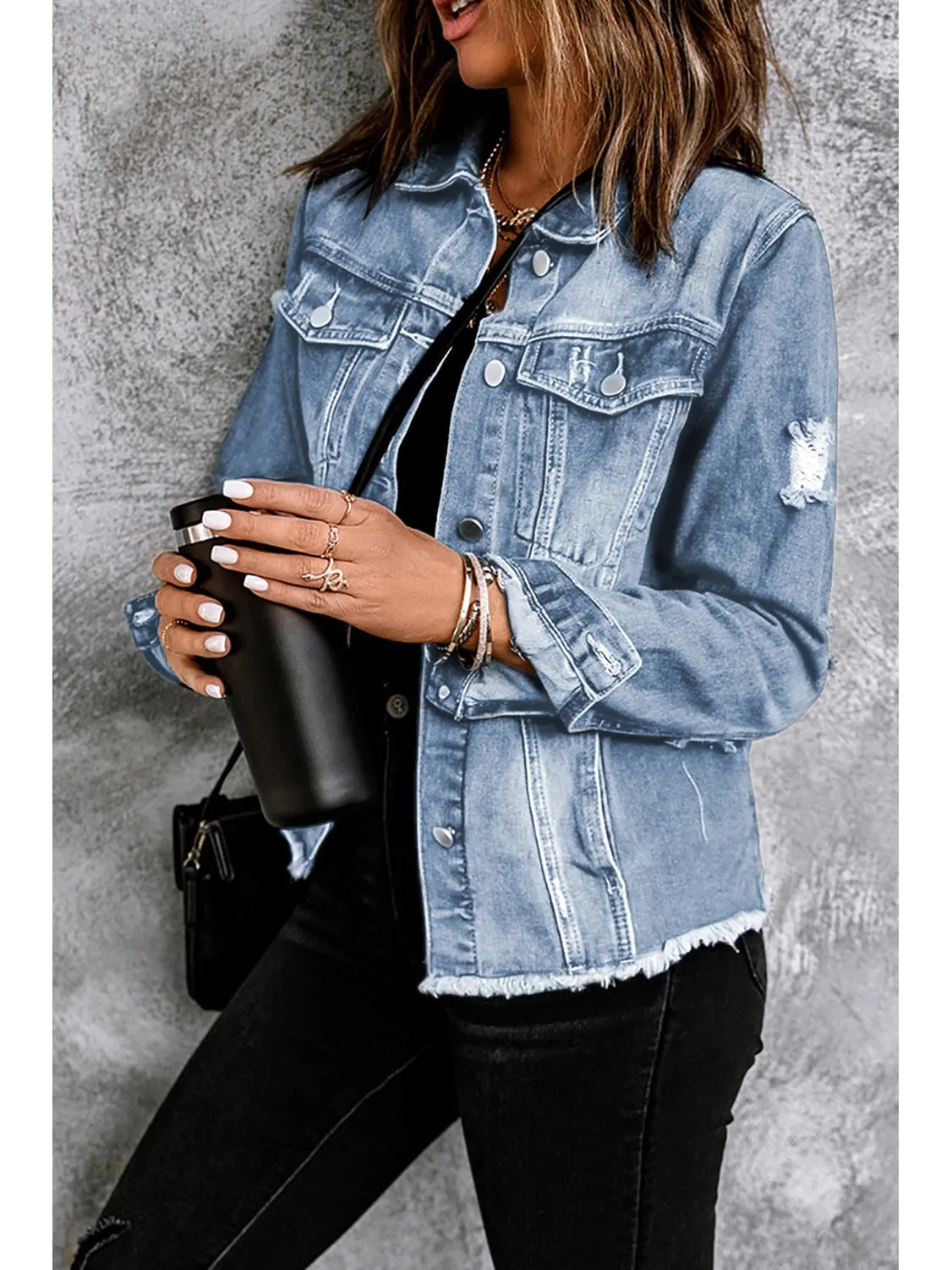 Distressed Raw Hem Denim Jacket