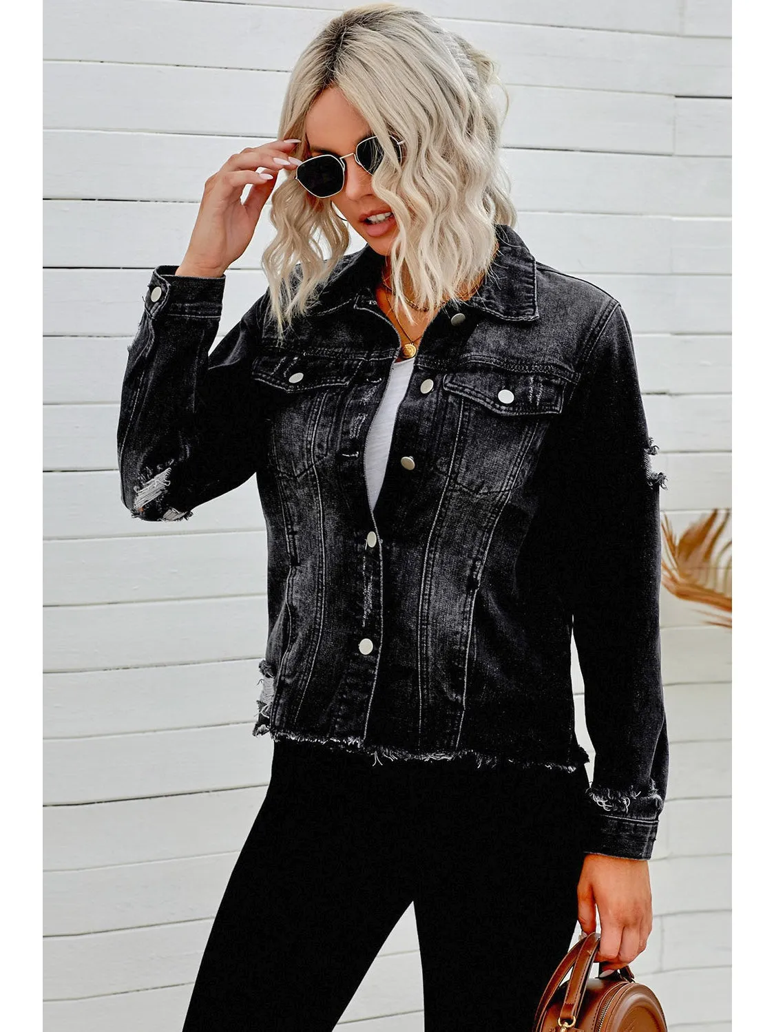Distressed Raw Hem Denim Jacket