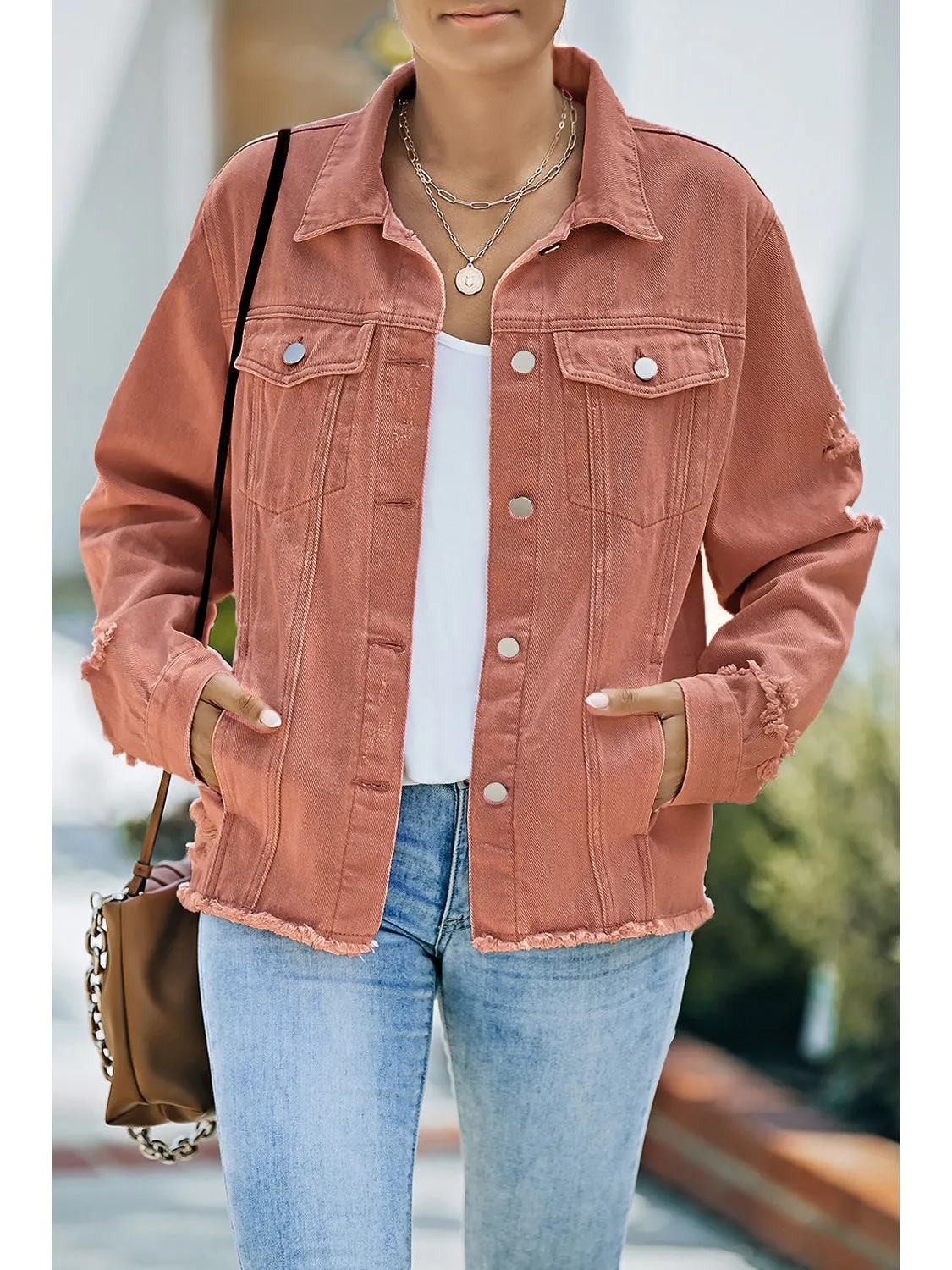 Distressed Raw Hem Denim Jacket