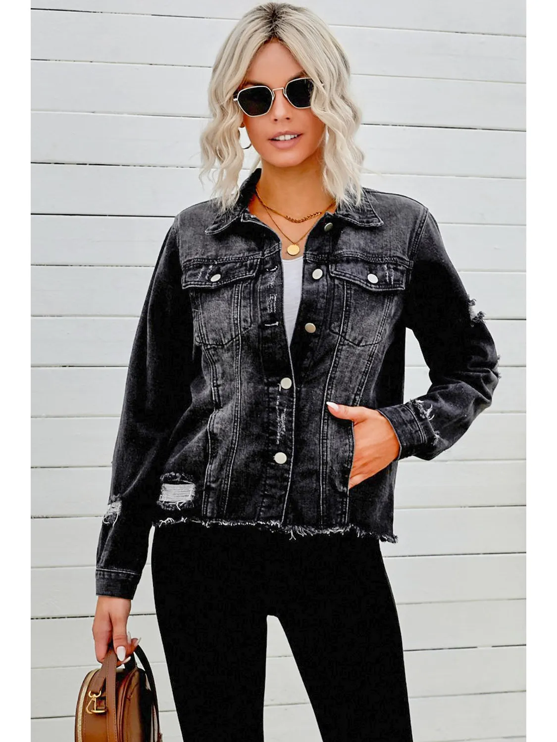 Distressed Raw Hem Denim Jacket