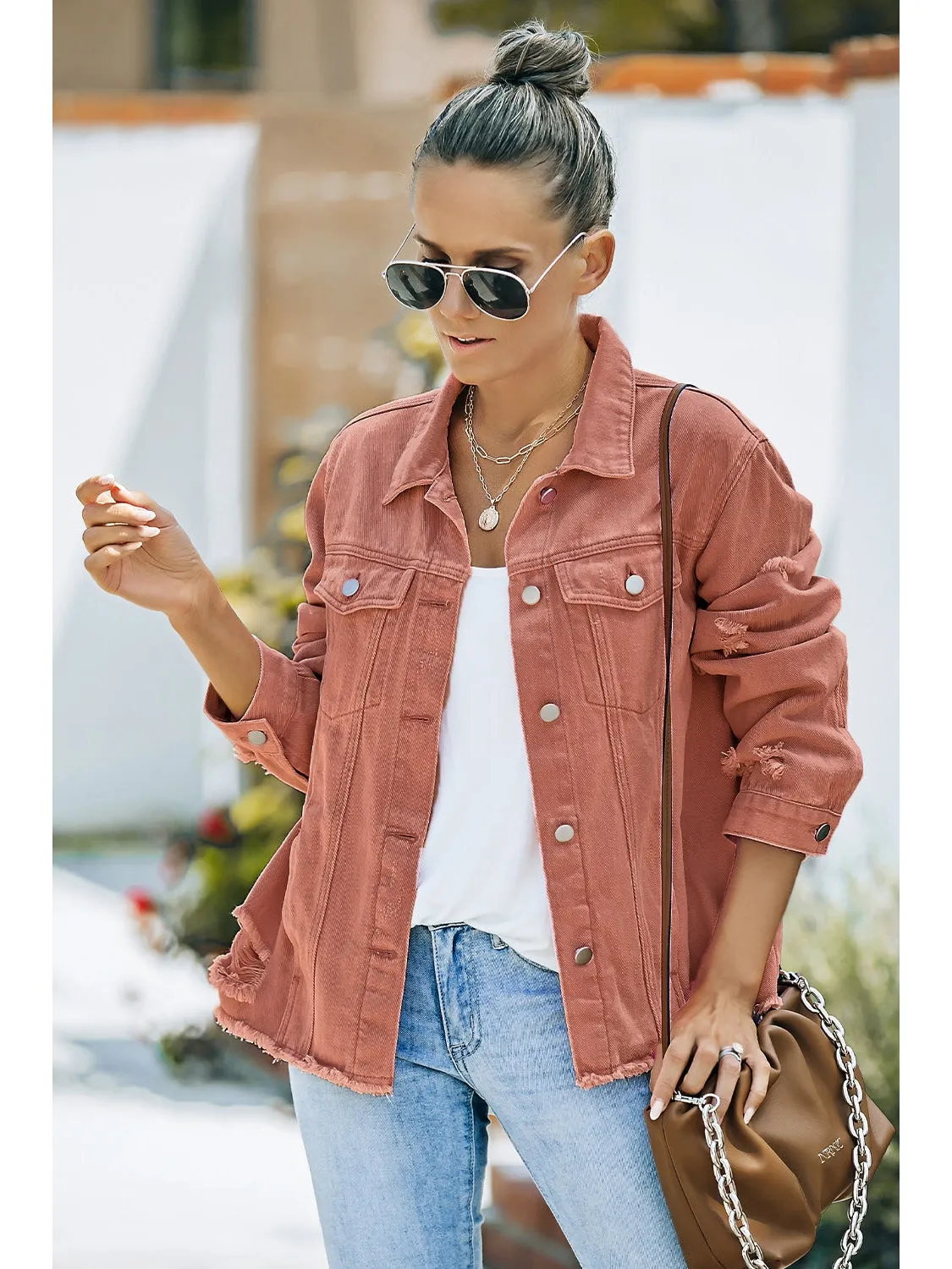 Distressed Raw Hem Denim Jacket