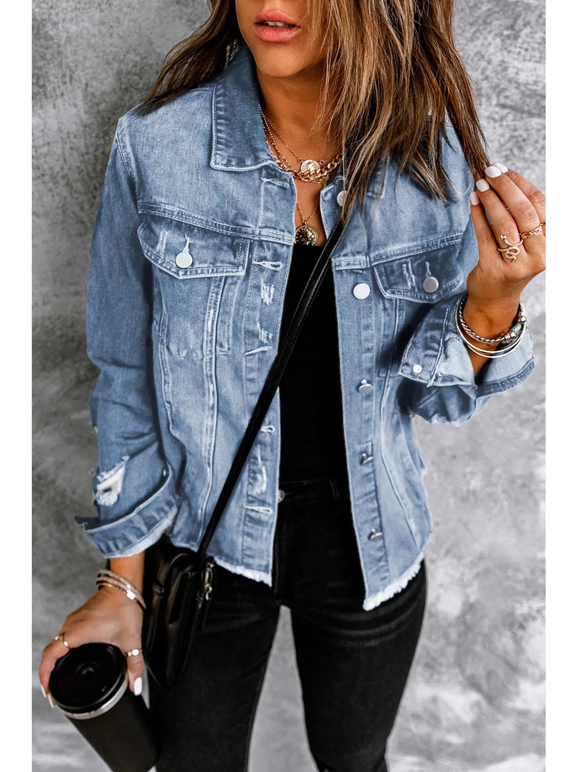 Distressed Raw Hem Denim Jacket