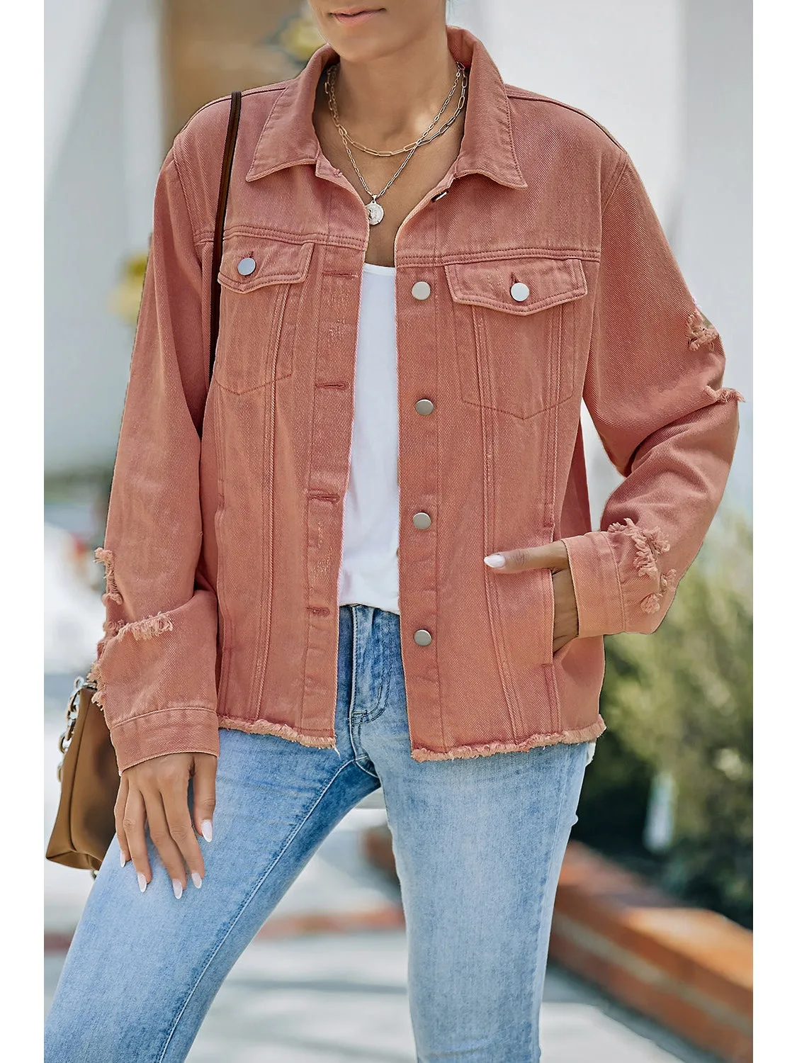 Distressed Raw Hem Denim Jacket