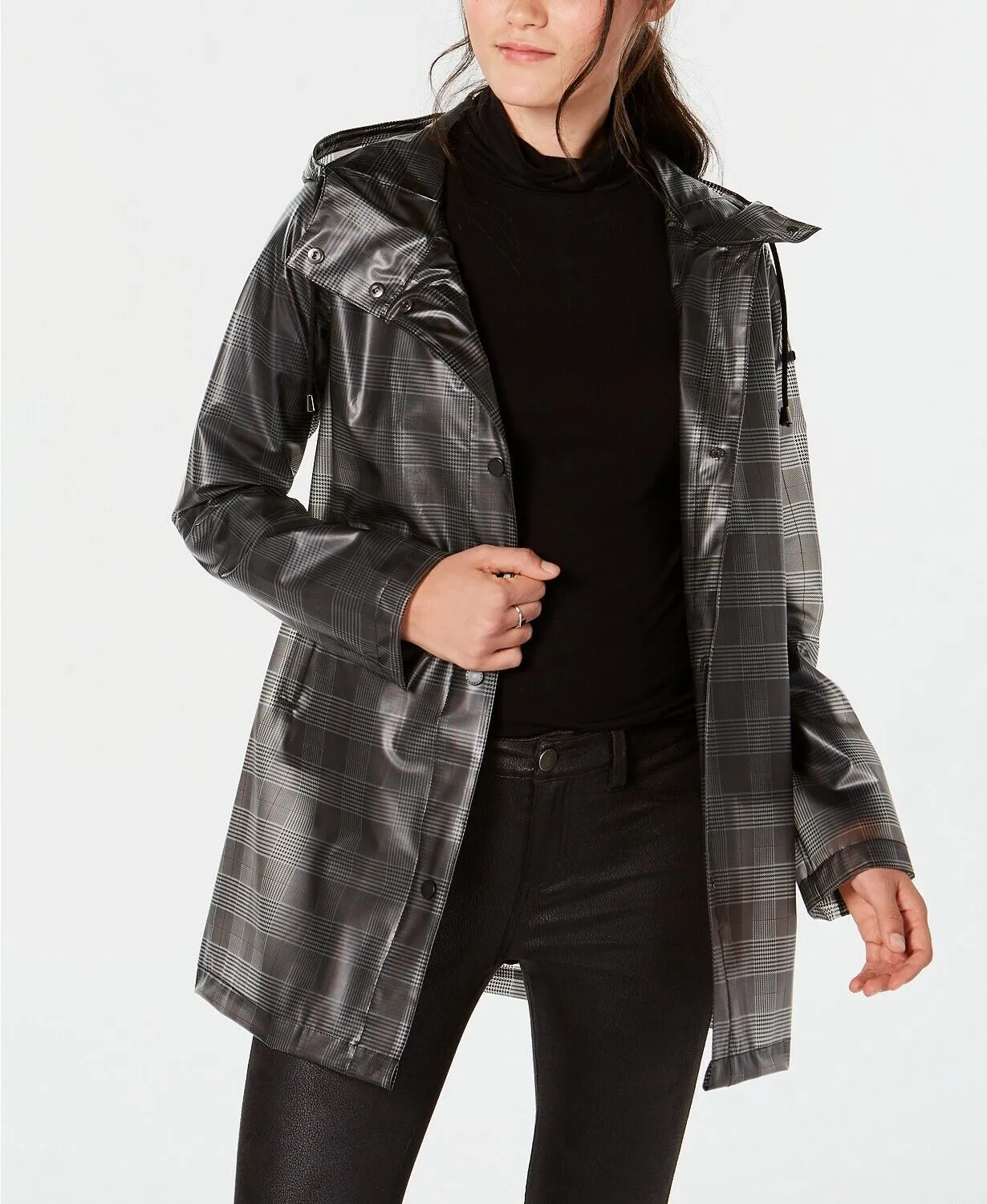 French Connection Sheer Hooded Plaid Slicker Raincoat
