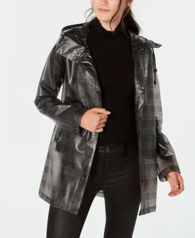 French Connection Sheer Hooded Plaid Slicker Raincoat