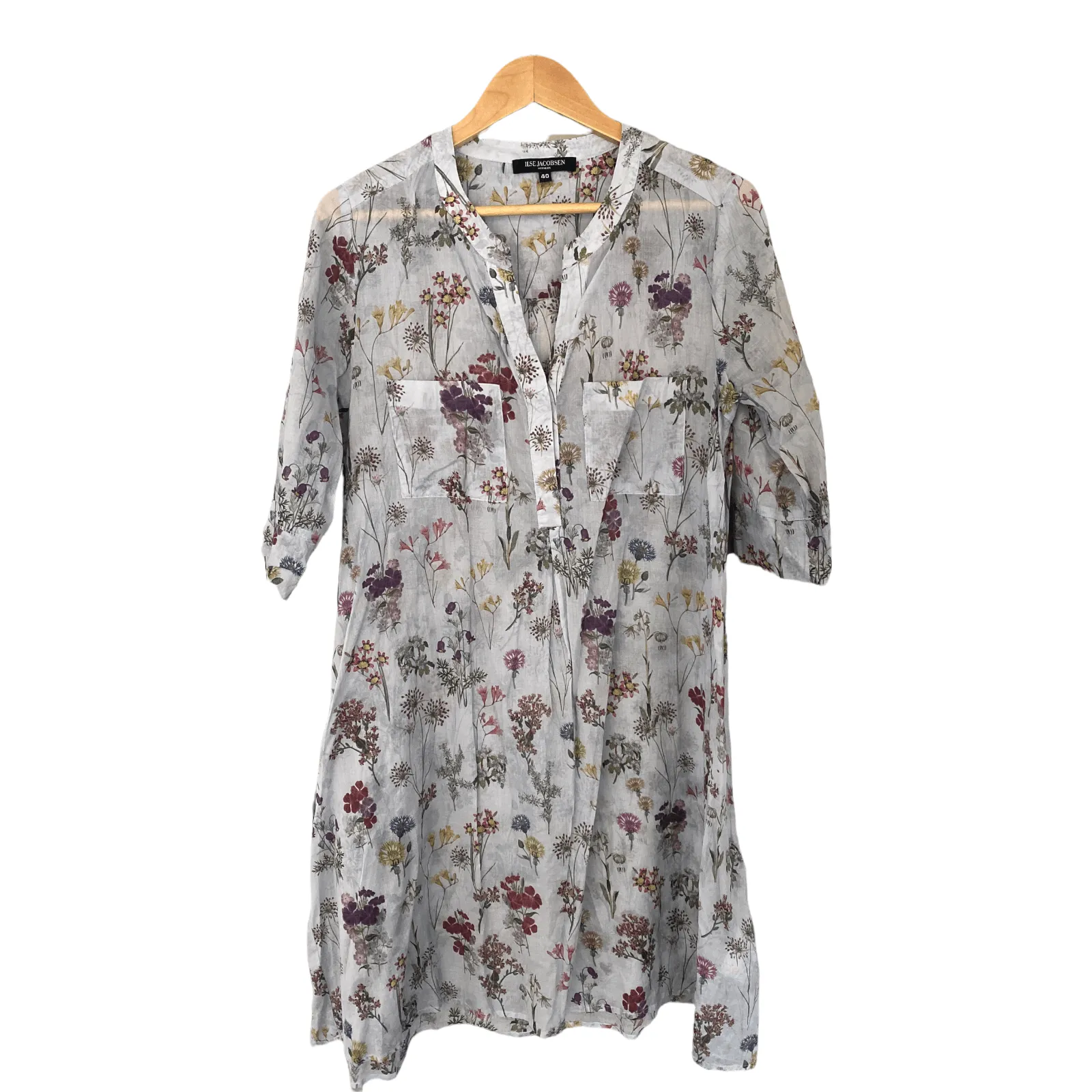 Isle Jacobsen Sheer Cotton Dress Grey with Floral Print Size 40 (UK14)