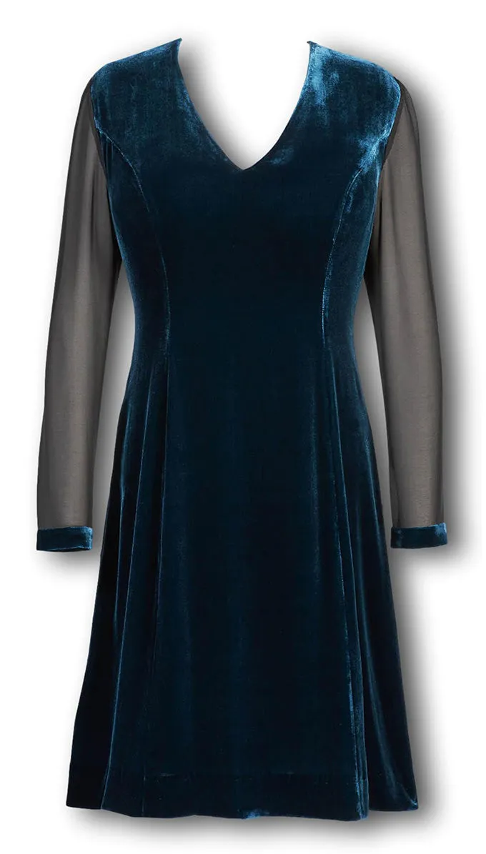 J. Peterman Women's Modern Fitted V-Neck Sheer Sleeve Velvet and Silk Chiffon Bodice Knee Length Dress