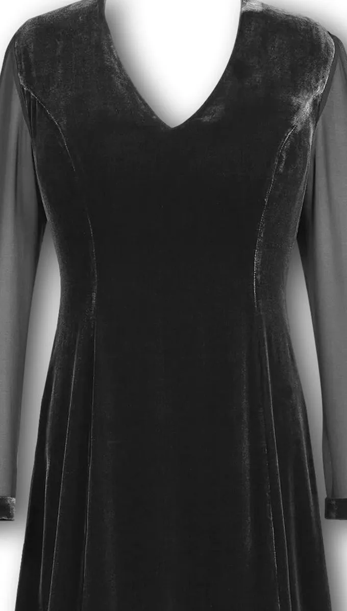J. Peterman Women's Modern Fitted V-Neck Sheer Sleeve Velvet and Silk Chiffon Bodice Knee Length Dress