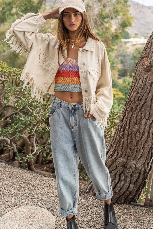 Jessie  Fringe-Detailed Cropped Denim Jacket