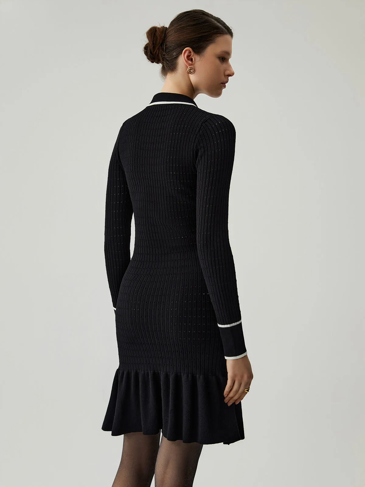 Knit Ruffled Hem Long Modern Sleeve Collar Mini Sweater Dress