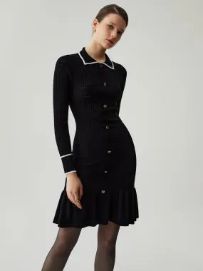 Knit Ruffled Hem Long Modern Sleeve Collar Mini Sweater Dress