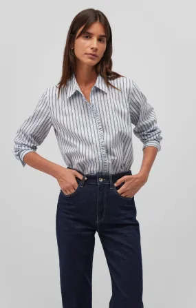 LONG SLEEVE BUTTON-UP SHIRT IN NAVY STRIPED