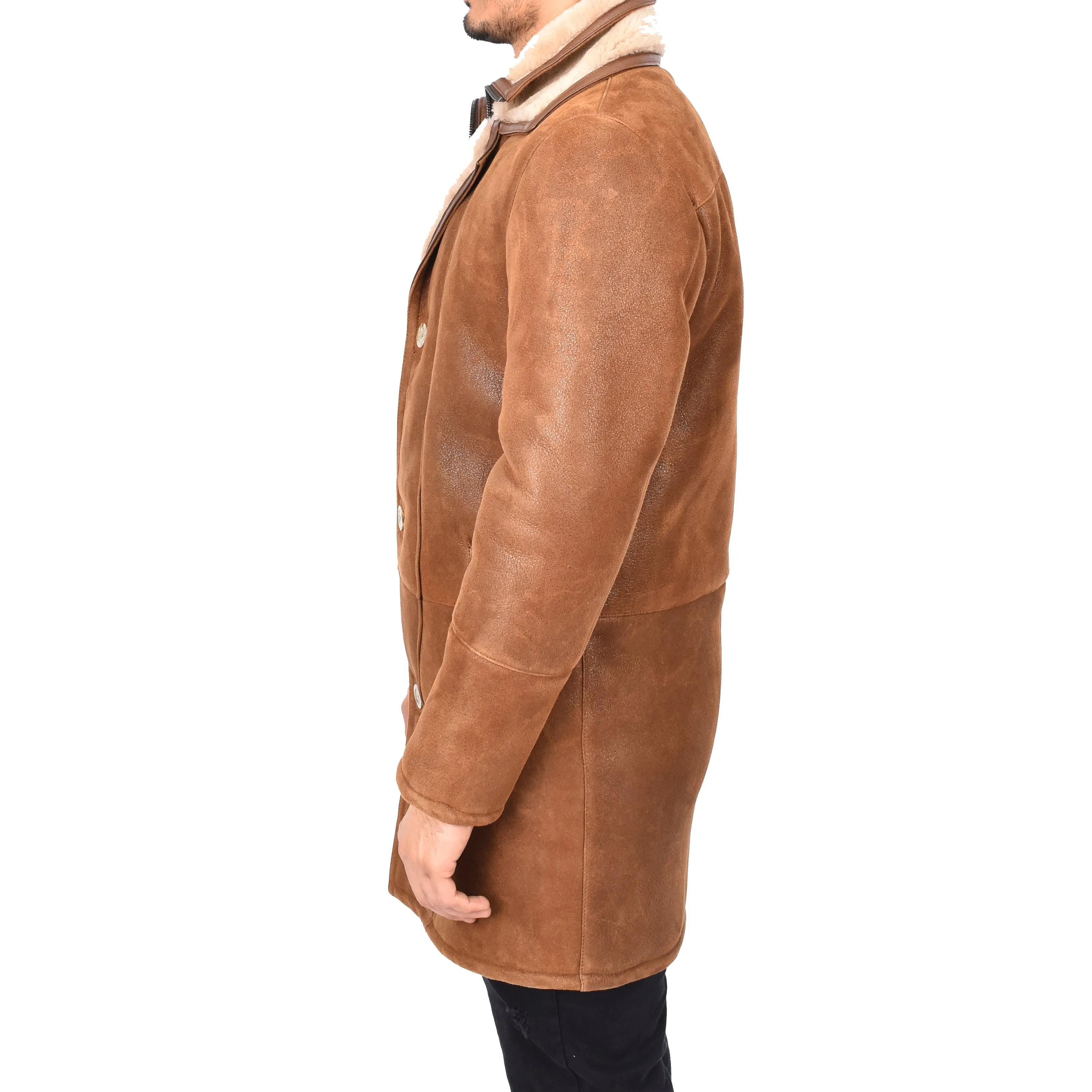 Mens Retro ¾ Length Long Real Shearling Sheepskin Coat Winter Warm Bastian Tan