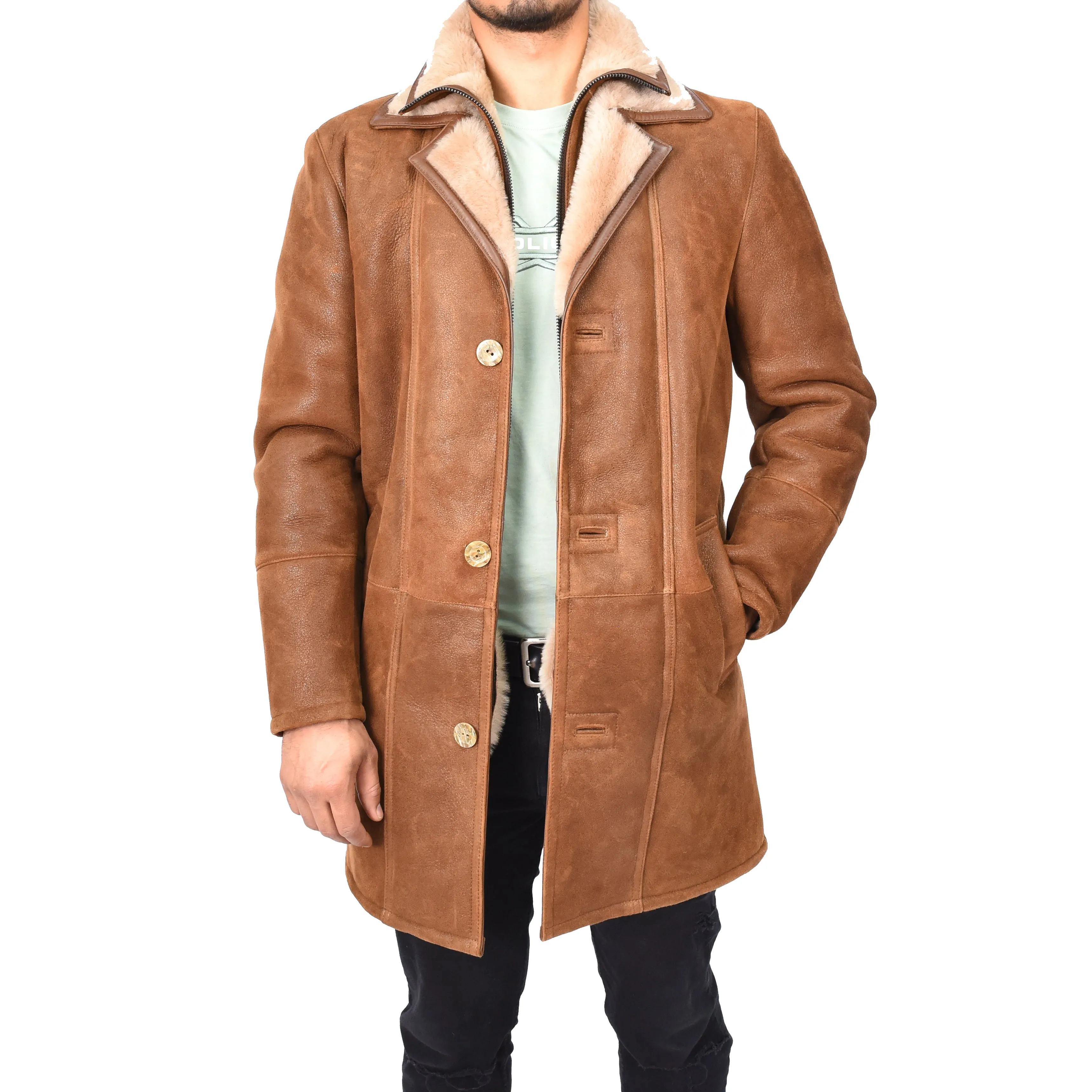 Mens Retro ¾ Length Long Real Shearling Sheepskin Coat Winter Warm Bastian Tan