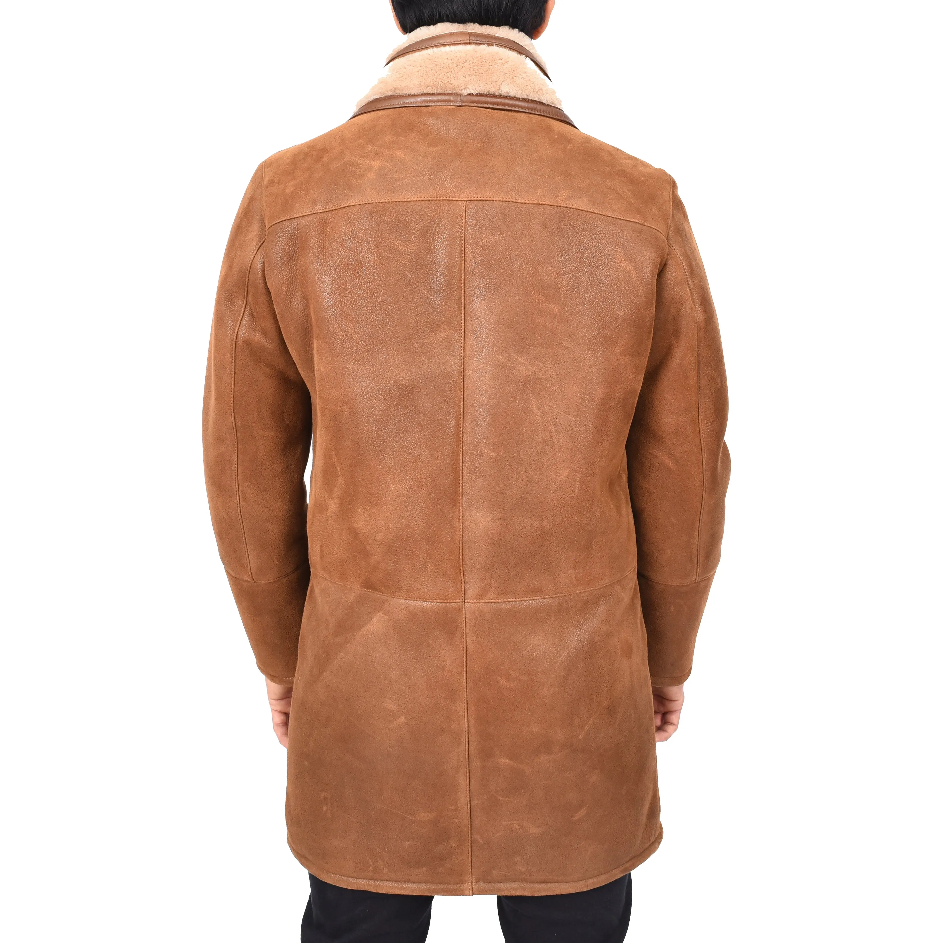 Mens Retro ¾ Length Long Real Shearling Sheepskin Coat Winter Warm Bastian Tan