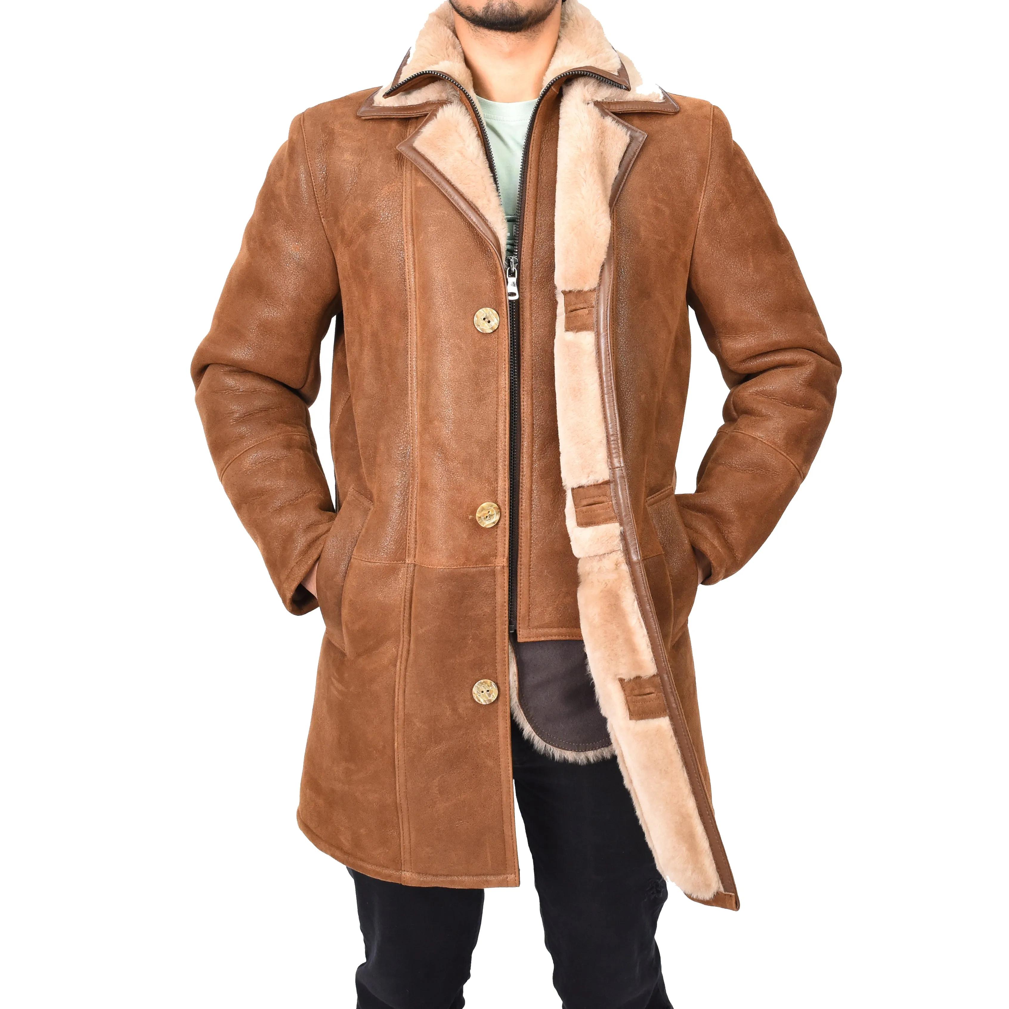 Mens Retro ¾ Length Long Real Shearling Sheepskin Coat Winter Warm Bastian Tan