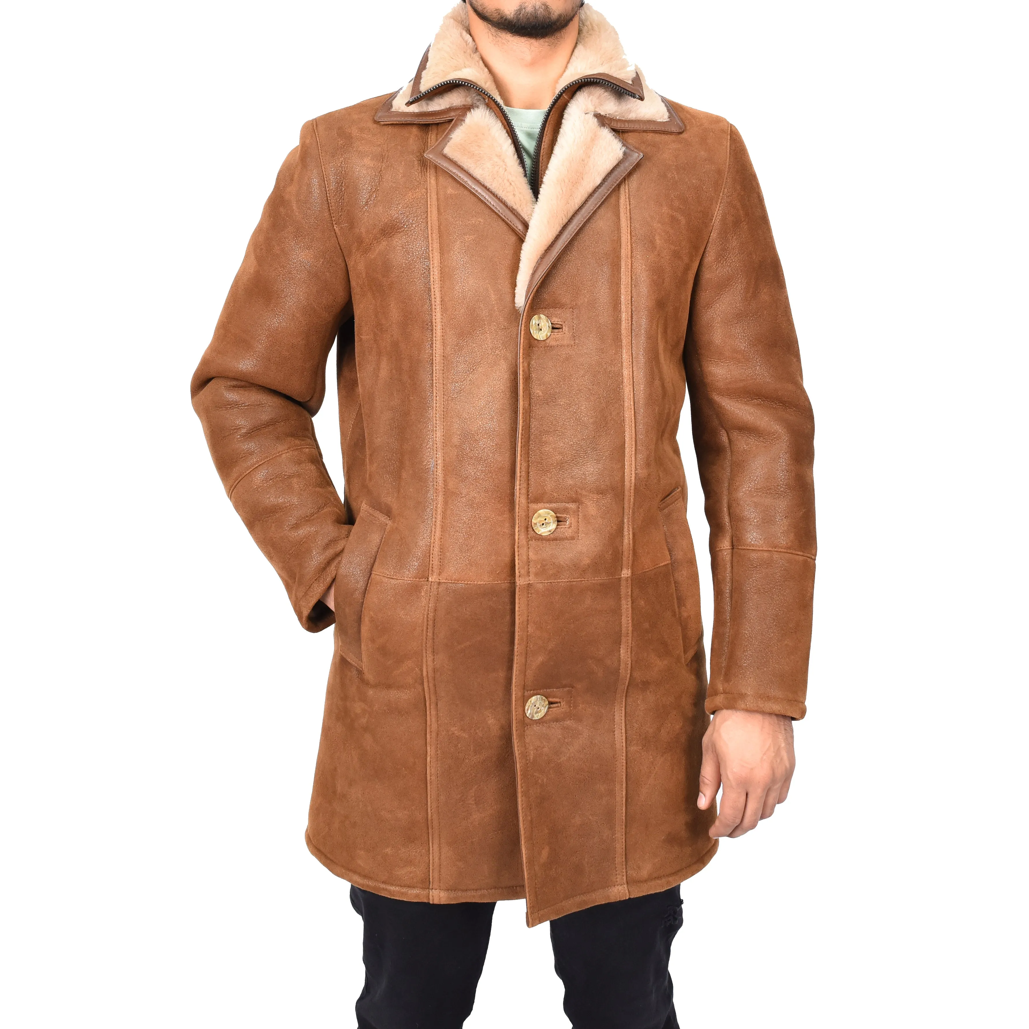 Mens Retro ¾ Length Long Real Shearling Sheepskin Coat Winter Warm Bastian Tan