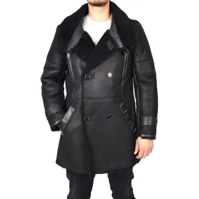 Mens WW1 WW2 ¾ Length Real Shearling Sheepskin Coat Winter Warm Franz Black