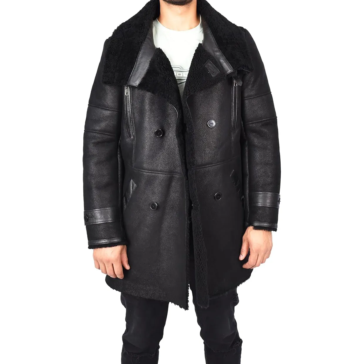 Mens WW1 WW2 ¾ Length Real Shearling Sheepskin Coat Winter Warm Franz Black