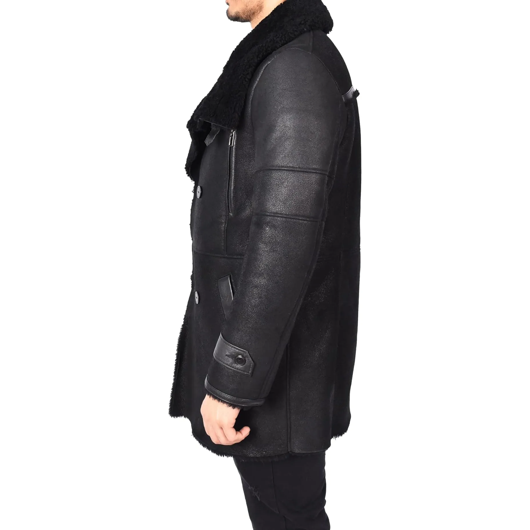 Mens WW1 WW2 ¾ Length Real Shearling Sheepskin Coat Winter Warm Franz Black