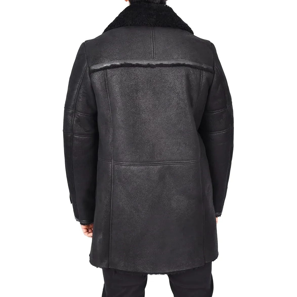 Mens WW1 WW2 ¾ Length Real Shearling Sheepskin Coat Winter Warm Franz Black