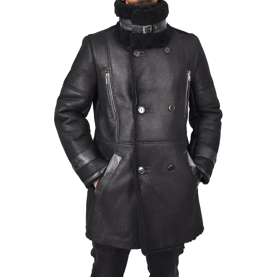 Mens WW1 WW2 ¾ Length Real Shearling Sheepskin Coat Winter Warm Franz Black