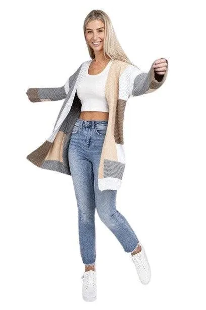 Open Front Color Block Cardigan