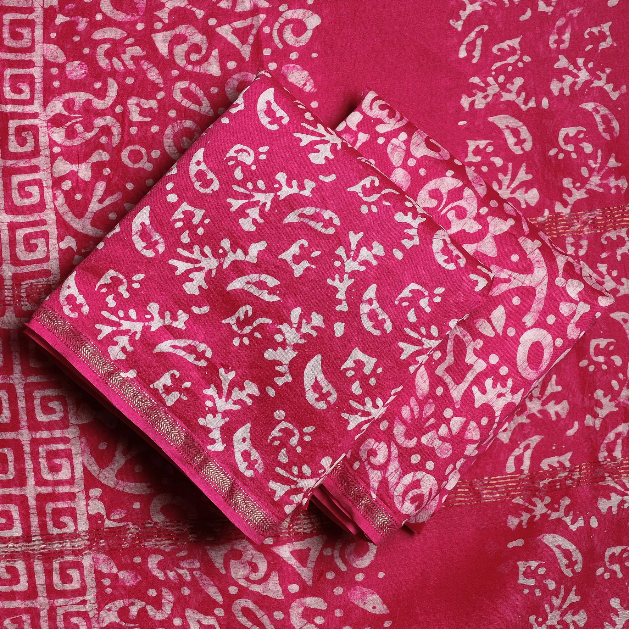 Pink - 3pc Hand Batik Printed Chanderi Silk Suit Material Set