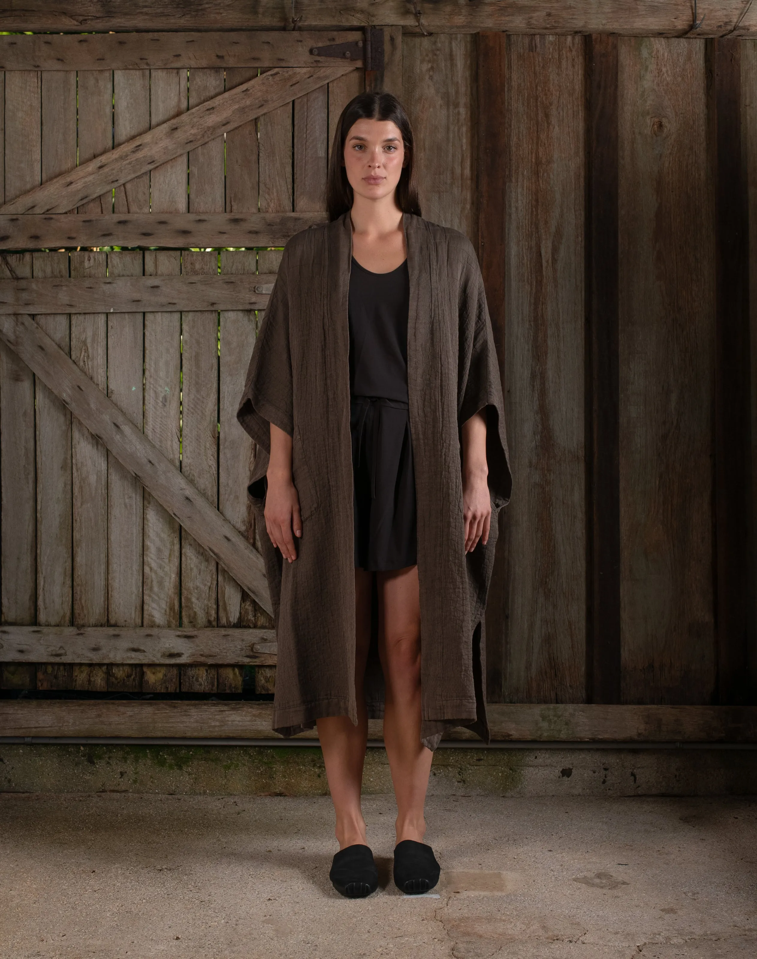 Sleeveless Kimono w/ Belt Jacquard Chocolate