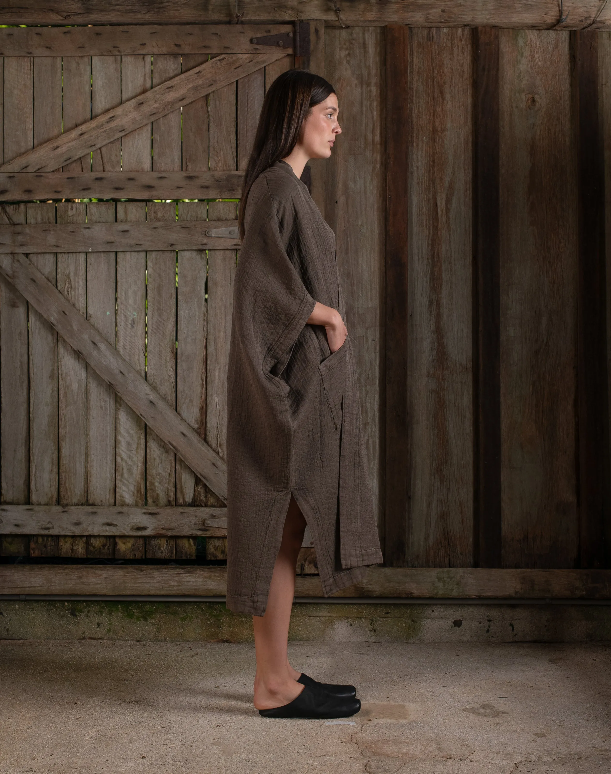 Sleeveless Kimono w/ Belt Jacquard Chocolate