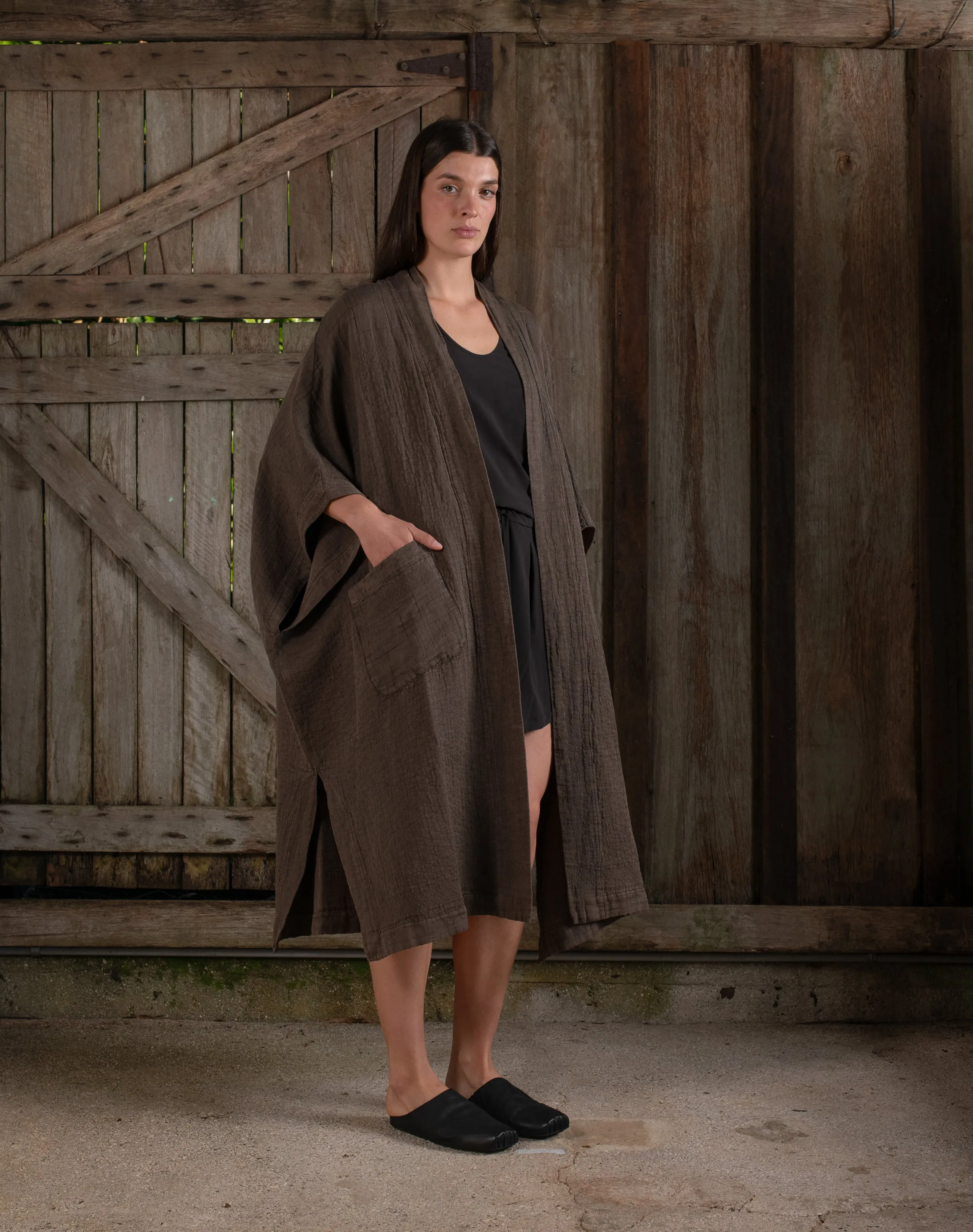 Sleeveless Kimono w/ Belt Jacquard Chocolate