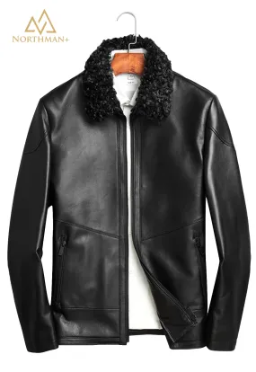 Slim leather jacket with removable shearling collar