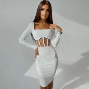 Square Neck Long Sleeve Mesh Panel Rib Knit Midi Dress - White