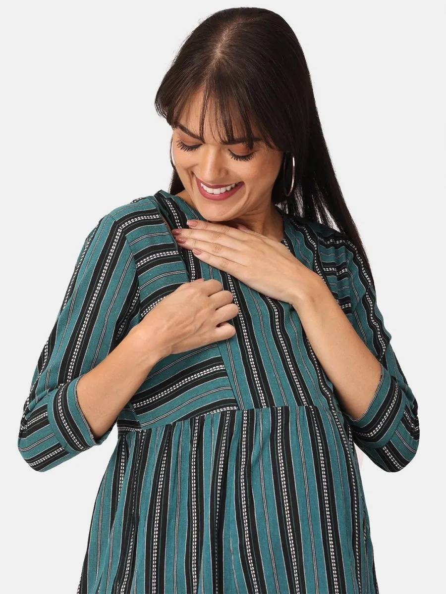 Teal and Black Stripes Cotton Maternity and Casual Dress