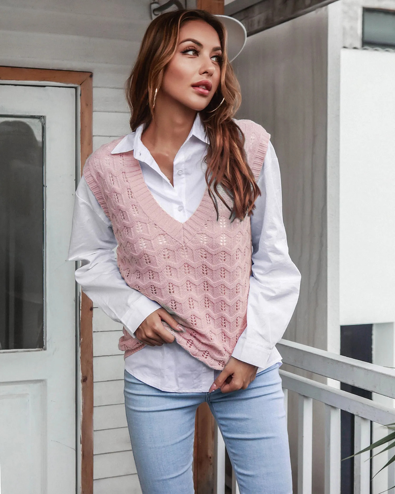 V-Neck Knitted Hollow Crochet Solid Color Slim Vest Wholesale Women Tops