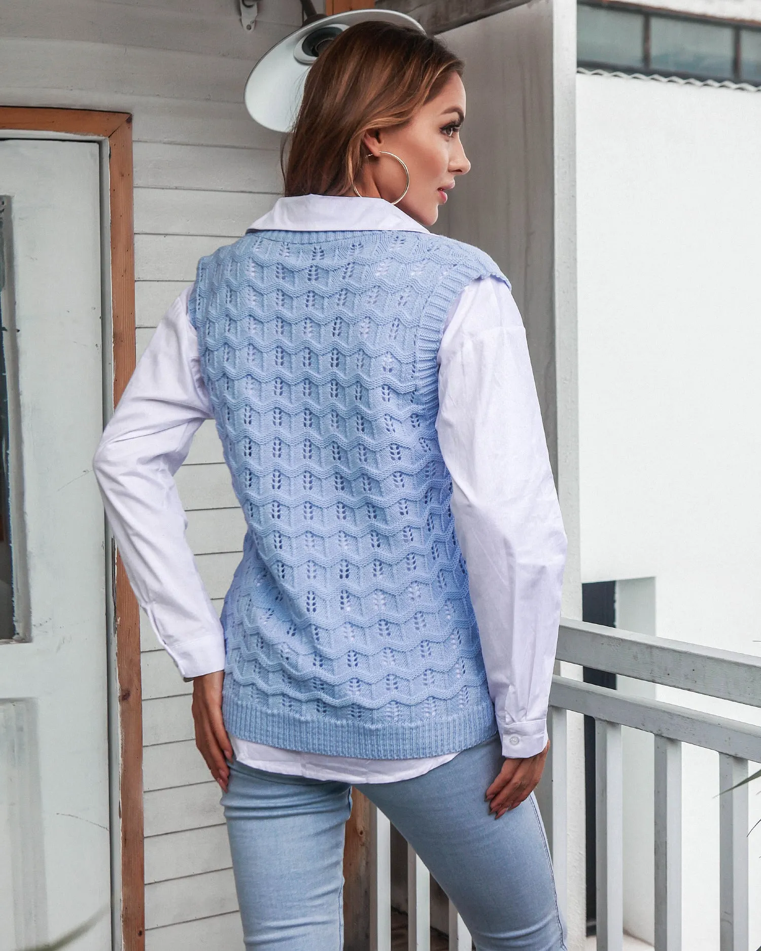 V-Neck Knitted Hollow Crochet Solid Color Slim Vest Wholesale Women Tops