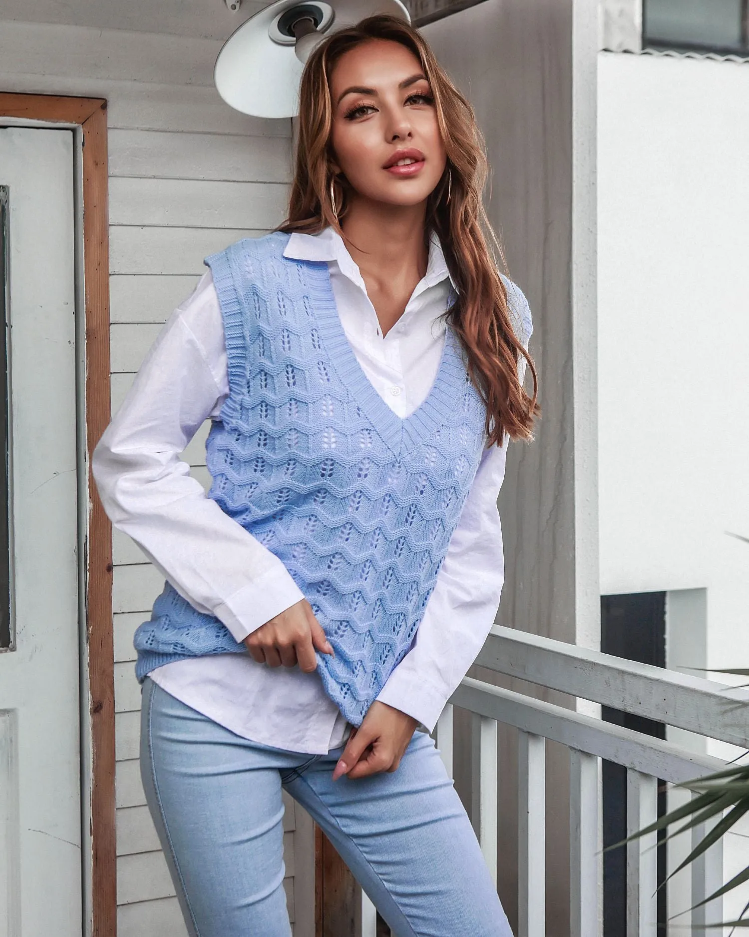 V-Neck Knitted Hollow Crochet Solid Color Slim Vest Wholesale Women Tops