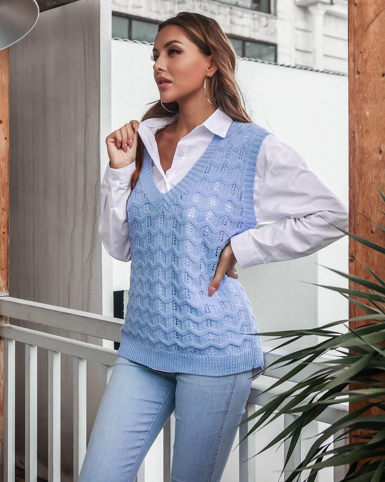 V-Neck Knitted Hollow Crochet Solid Color Slim Vest Wholesale Women Tops