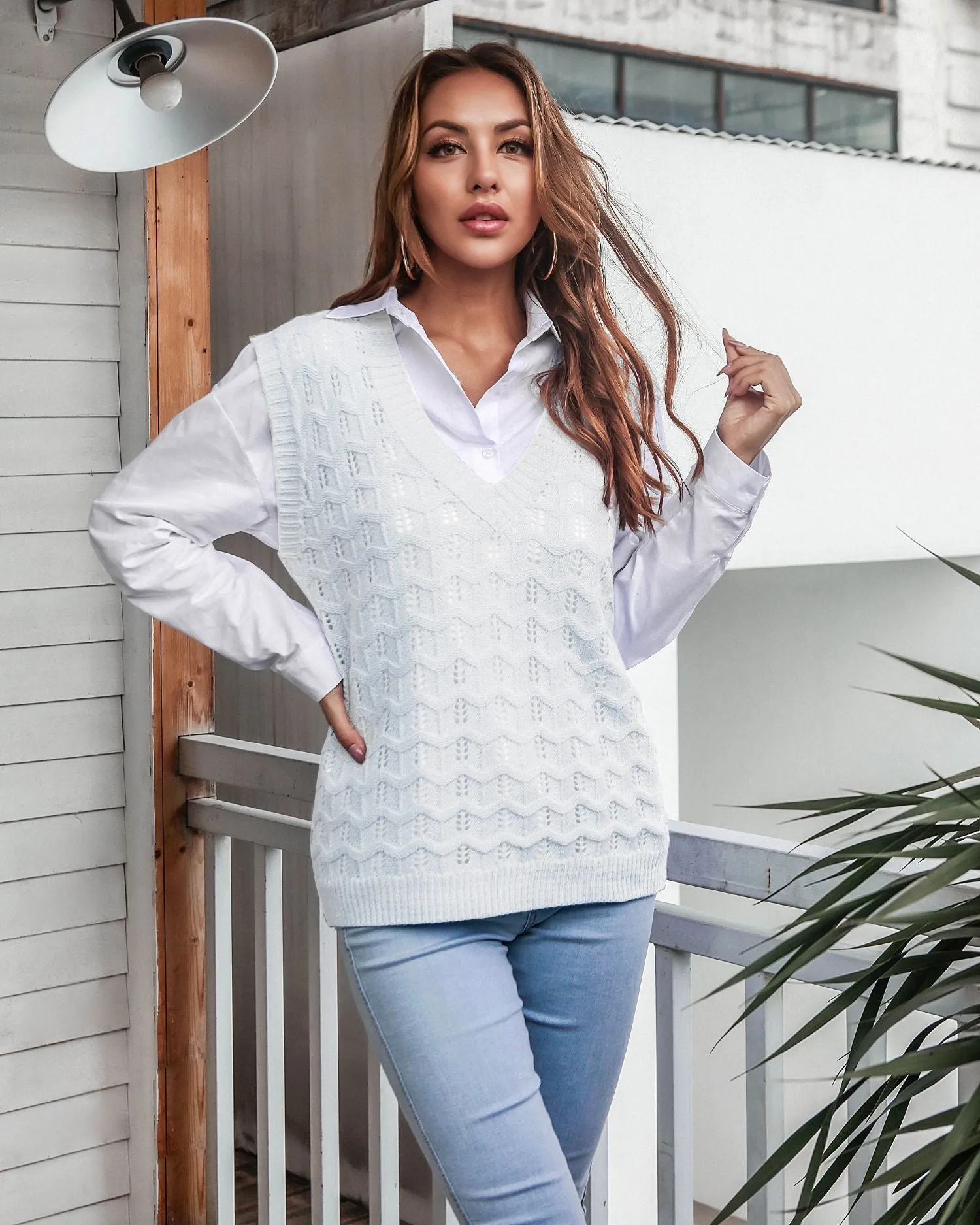 V-Neck Knitted Hollow Crochet Solid Color Slim Vest Wholesale Women Tops